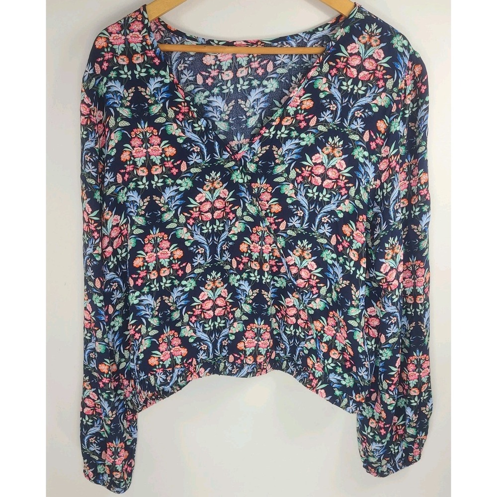 LOFT Floral Rayon Wrap-Style Blouse Size L | Navy Floral V‑Neck Long Sleeve. EUC